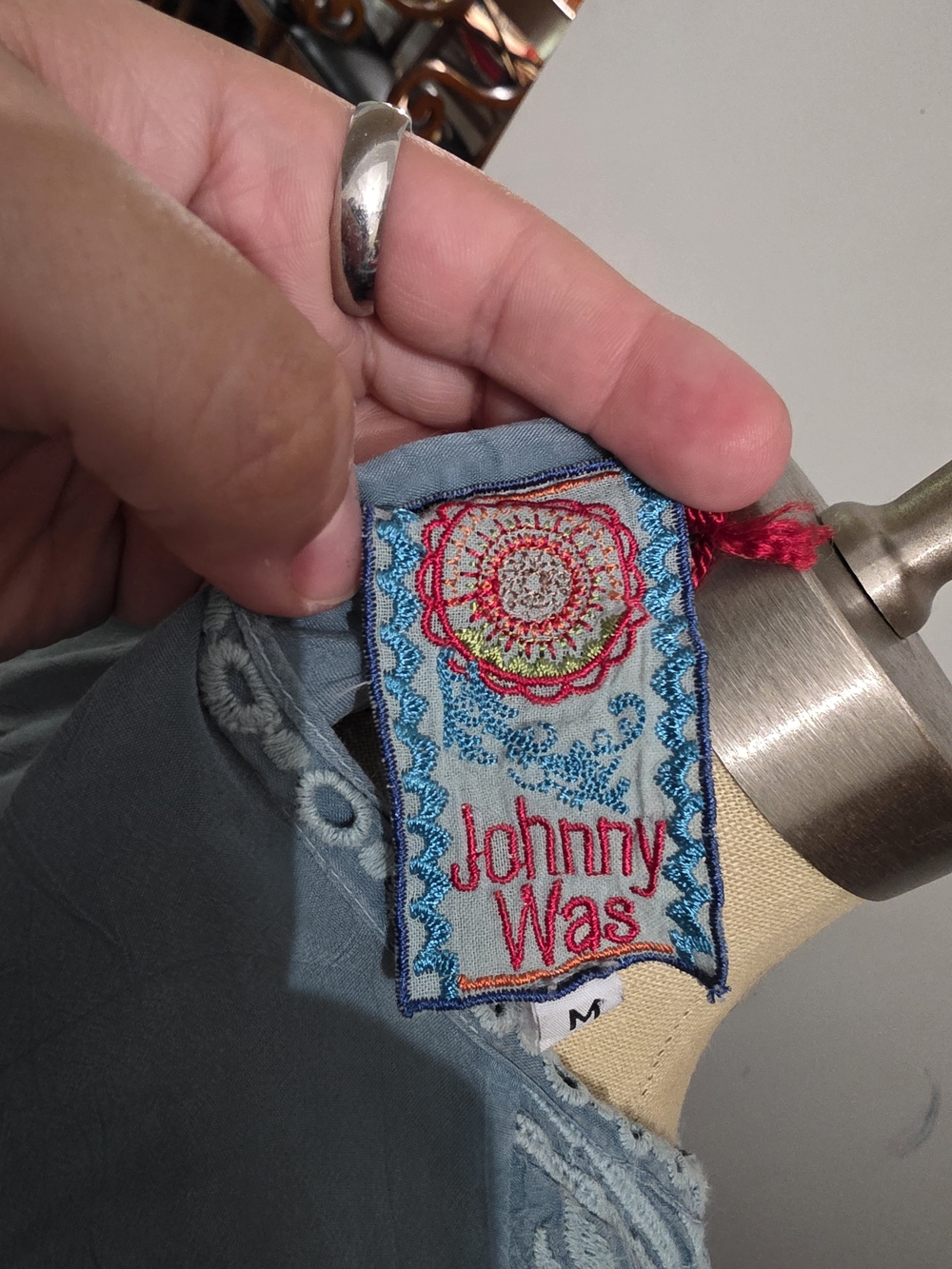 Johnny Was Embroidered Blue Tag Detail Top
